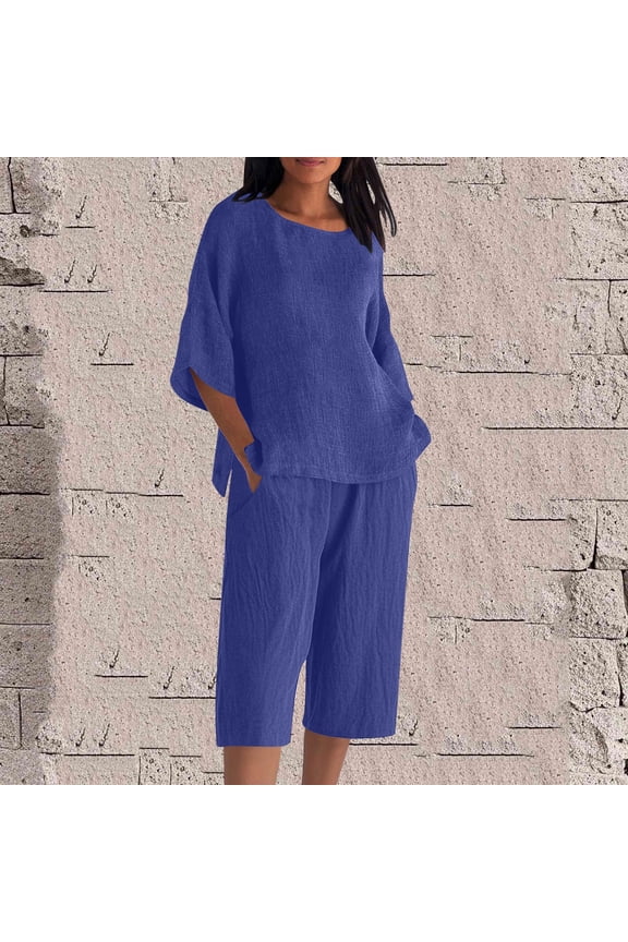 Women Loose Casual Solid Color Flax Round Neck 3/4 Sleeve Tops And Trousers Outwear Set