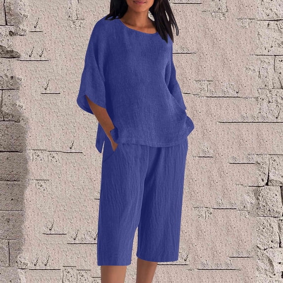 Women Loose Casual Solid Color Flax Round Neck 3/4 Sleeve Tops And Trousers Outwear Set