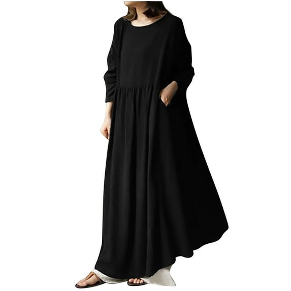 Women Loose Cotton Linen Dress Solid Color Boho Maxi Swing House Dress Baggy Plus Size Long Sundress with Pockets
