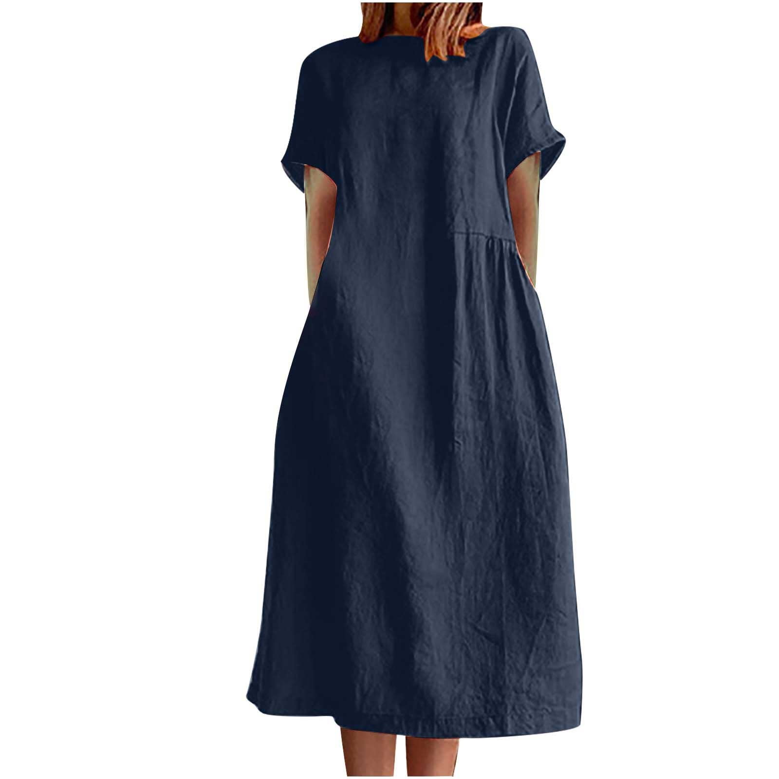 Women Loose Cotton Linen Dresses 2023 Summer Short Sleeve Crewneck