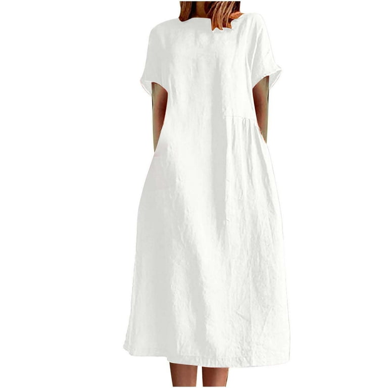 Womens Cotton Linen Midi Dress Ladies Summer Casual Loose Pocket