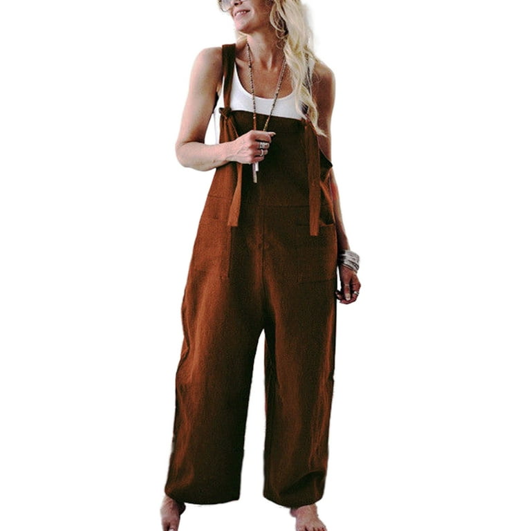 Women Loose Cotton Linen Jumpsuit Dungarees Playsuit Straps