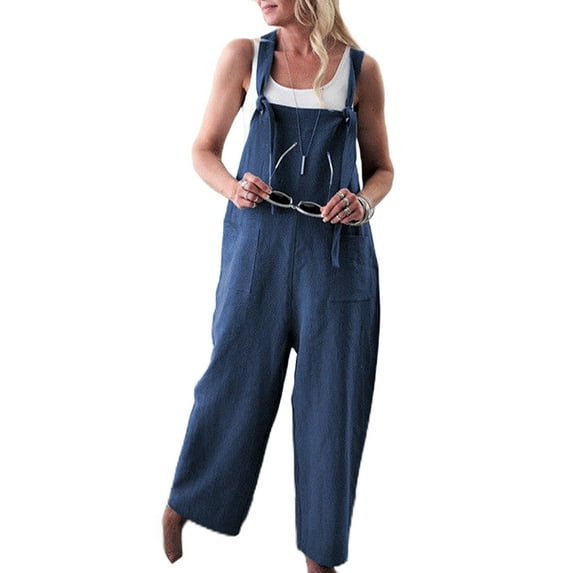 Linen Jumpsuits for Women Casual Loose Straps Overalls Baggy Wide Leg Harem Pants Rompers Dungarees Playsuit Trousers