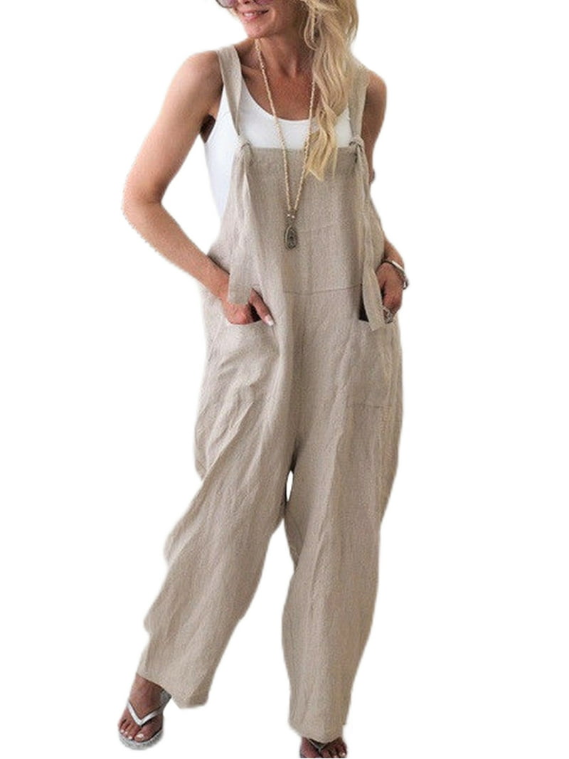 Women's Soft Fit Cotton Linen Jumpsuit Overalls with Pockets
