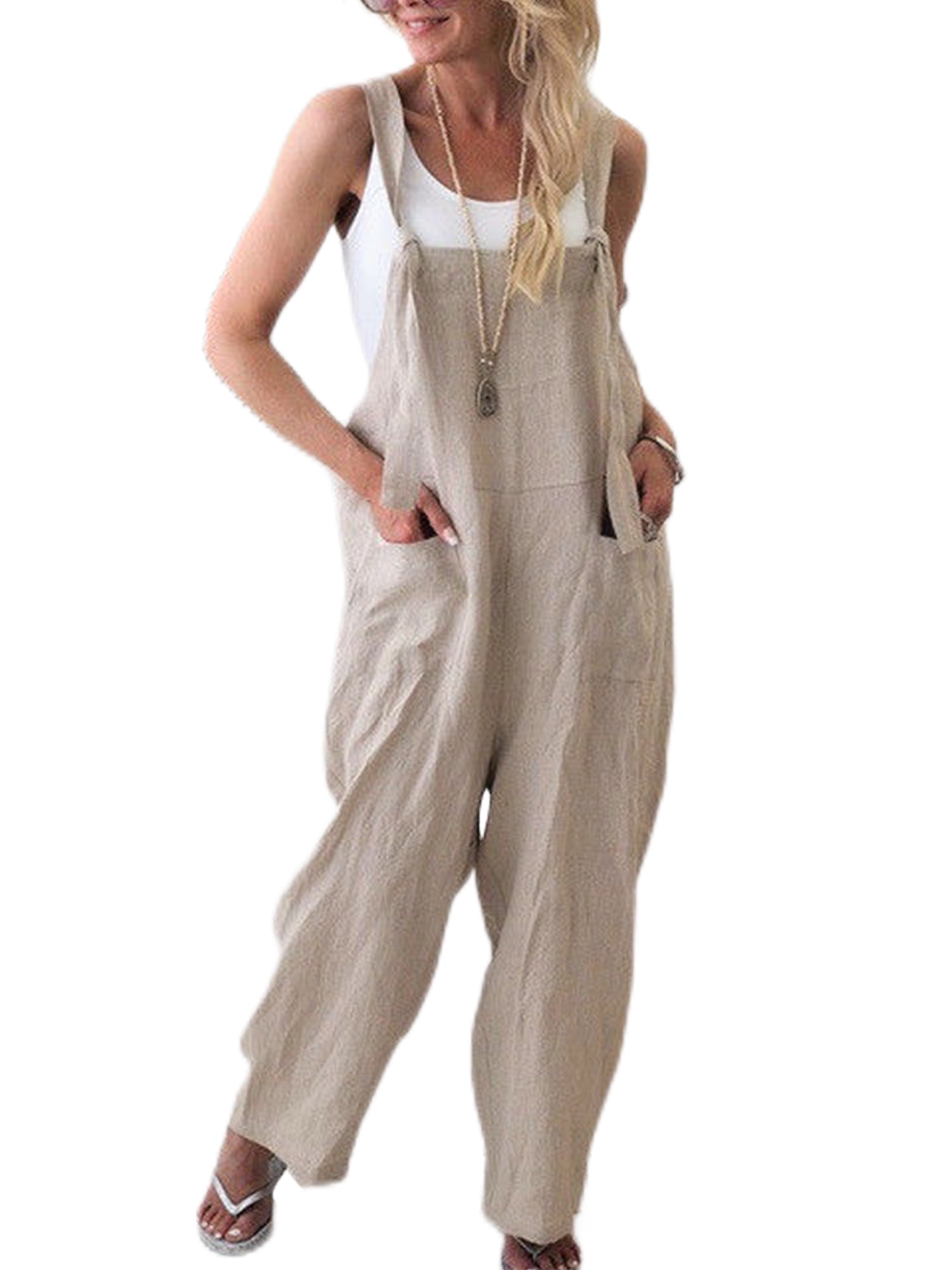 Women Loose Cotton Linen Jumpsuit Dungarees Playsuit Straps Overalls  Trousers Ladies Sleeveless Baggy Pockets Long Pants