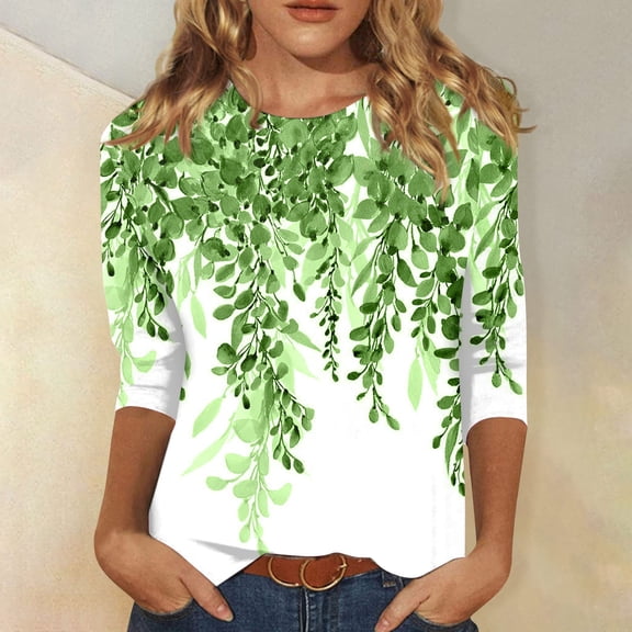 Women Loose Crew Neck 3/4 Sleeve Shirt Floral Print Dressy Blouse Ideal For Daily And Office Wear Fluorescent Green L