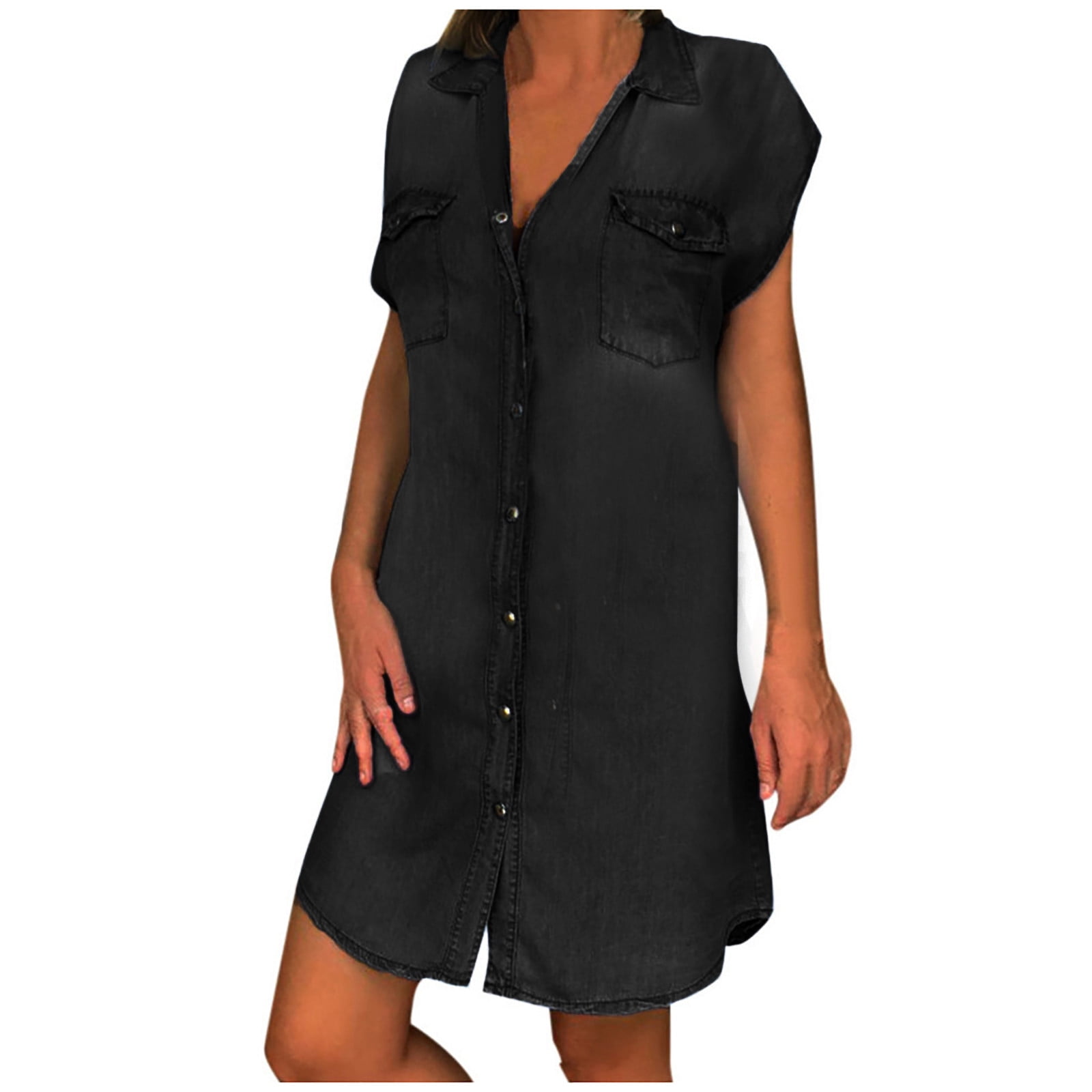 Fisoew Women's Denim Shirt Dress – Button Down V Neck, Half Sleeve, Loose Fit Mini Dress For Summer Casual Wear - View #4