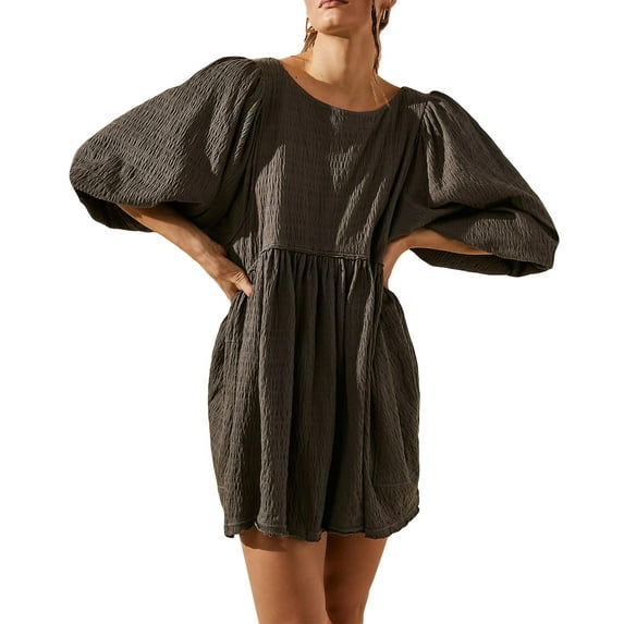 Women Loose Dress Solid Color 3/4 Sleeve Backless Party Mini Dress for Beach Cocktail Club Streetwear