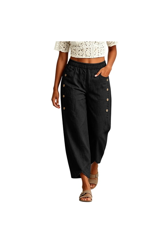 Women Loose Elastic High Waist Pants Side Button Irregular Split Hem Trousers Wide Leg Pants Pockets