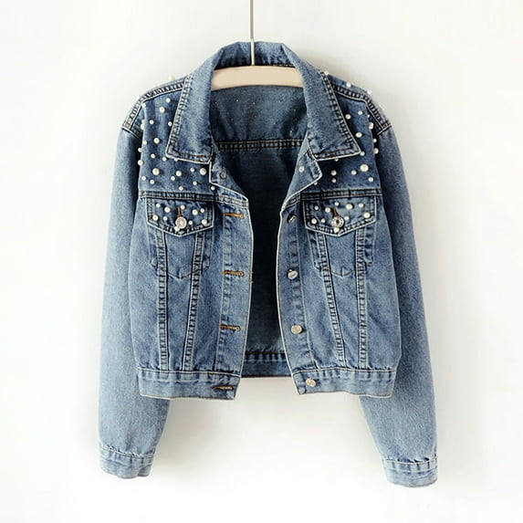 Women Loose Embroidered Pearls Beading Cropped Denim Jacket Jean Coat for Women Blazer Coat Single Breasted Turn down Collar Jacket