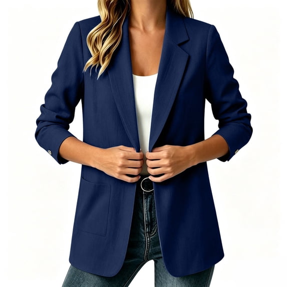 Women Loose Fit Cotton Linen Blazer Notched Lapel Long Sleeve Jacket with Pockets for Daily Outings Navy