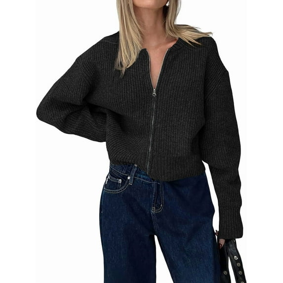 Women Loose Fit Crew Neck Long Sleeve Zipper Front Crop Cardigan Fall Trendy Zip Up Knit Sweater Coats Black M