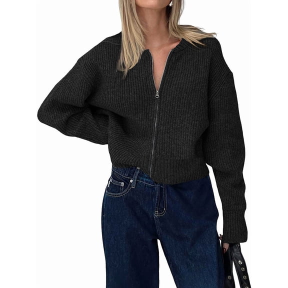 Women Loose Fit Crew Neck Long Sleeve Zipper Front Crop Cardigan Fall Trendy Zip Up Knit Sweater Coats Black XL