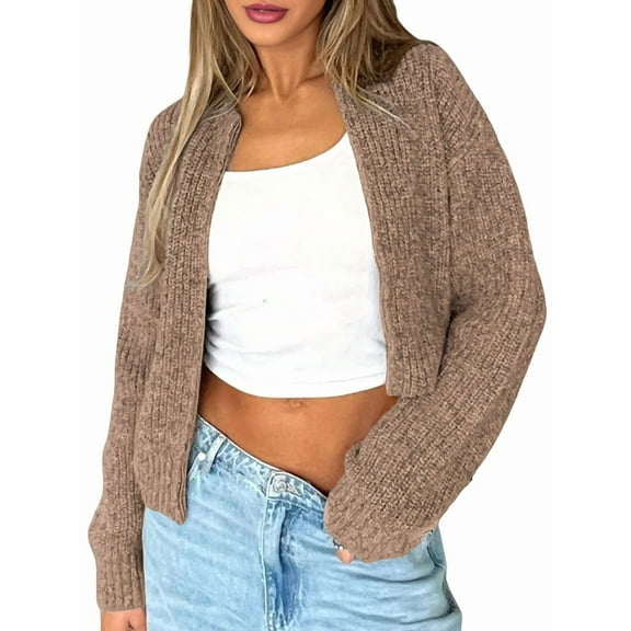 Women Loose Fit Crew Neck Long Sleeve Zipper Front Crop Cardigan Fall Trendy Zip Up Knit Sweater Coats Coffee Color L