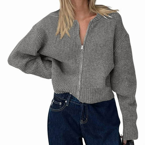 Women Loose Fit Crew Neck Long Sleeve Zipper Front Crop Cardigan Fall Trendy Zip Up Knit Sweater Coats Dark Gray XL