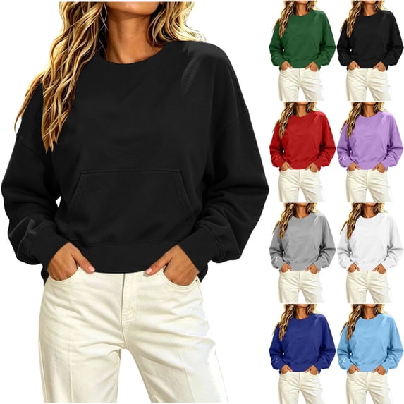 Women Loose Fit Cropped Black Sweatshirt Sevevn Crew Neck Long Sleeve Pullover With Kangaroo Pocket For Spring Fall Daily Wear