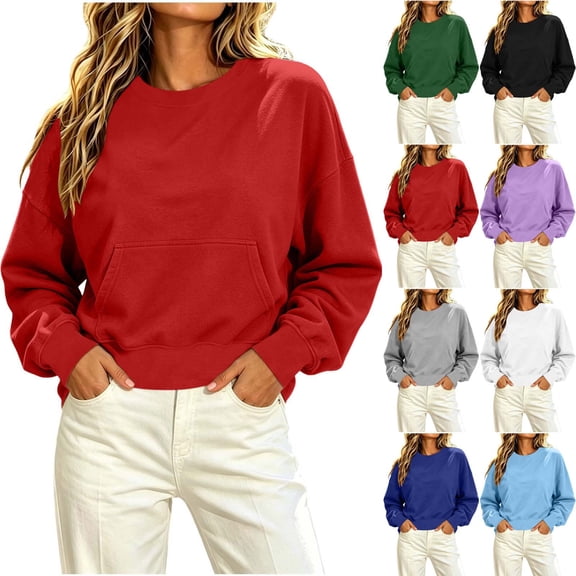Women Loose Fit Cropped Red Sweatshirt Sevevn Crew Neck Long Sleeve Pullover With Kangaroo Pocket For Spring Fall Daily Wear