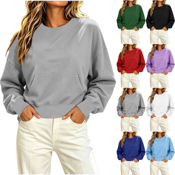Women Loose Fit Cropped Sweatshirt Sevevn Crew Neck Long Sleeve Pullover With Kangaroo Pocket For Spring Fall Daily Wear