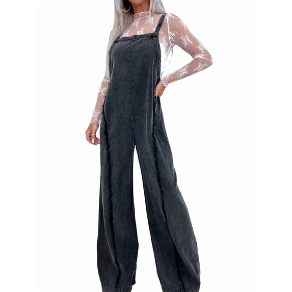 Women Loose Fit Denim Jumpsuit Adjustable Straps Wide Leg Long Pants Frayed Jean Overalls Black L
