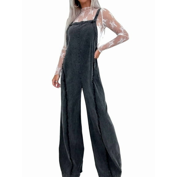 Women Loose Fit Denim Jumpsuit Adjustable Straps Wide Leg Long Pants Frayed Jean Overalls Black S
