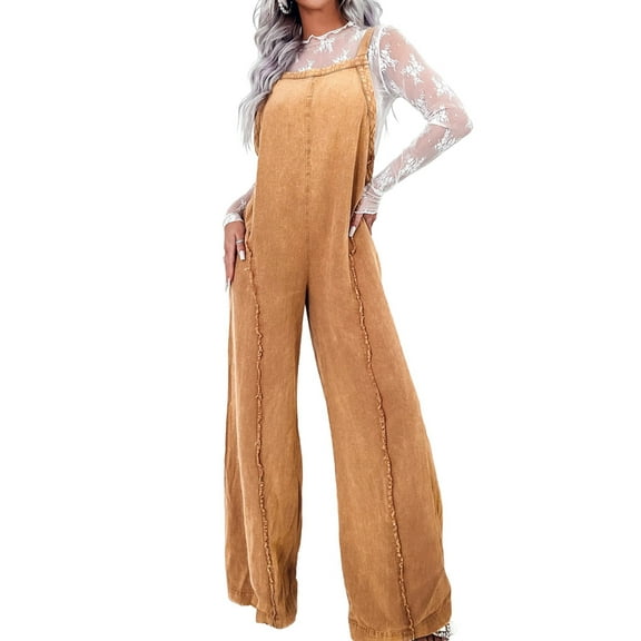 Women Loose Fit Denim Jumpsuit Adjustable Straps Wide Leg Long Pants Frayed Jean Overalls Yellow M