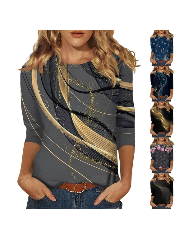 Women Loose Fit Floral Printed Crew Neck T Shirts Three Quarter Length 3/4 Sleeve Casual Plus Size Summer Tunic Blouses Gray S