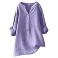 thumbnail image 1 of Women Loose Fit Linen Shirt Long Sleeve Button Down Mandarin Collar Blouse Top, 1 of 2