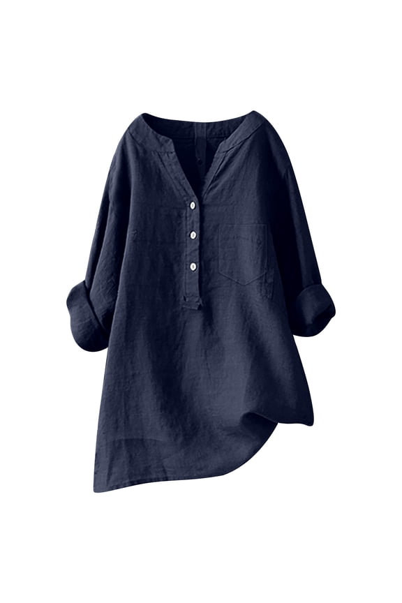 Women Loose Fit Linen Shirt Long Sleeve Button Down Mandarin Collar Blouse Top