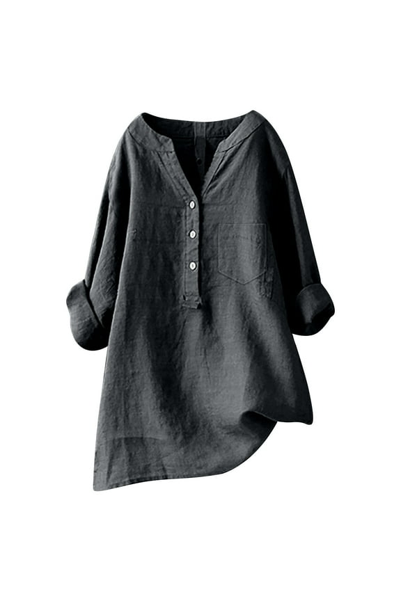 Women Loose Fit Linen Shirt Long Sleeve Mandarin Collar Button Down Top