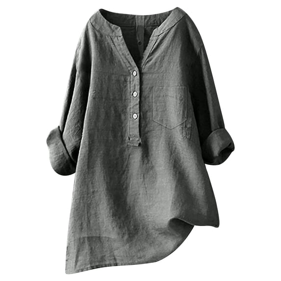 Women Loose Fit Linen Shirt Long Sleeve Mandarin Collar Button Down Top