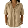 thumbnail image 1 of Women Loose Fit Polo Collar Short Sleeve Button Down Shirt Casual Relaxed Blouse Lightweight Summer Top for Daily Wear Khaki 2XL, 1 of 7