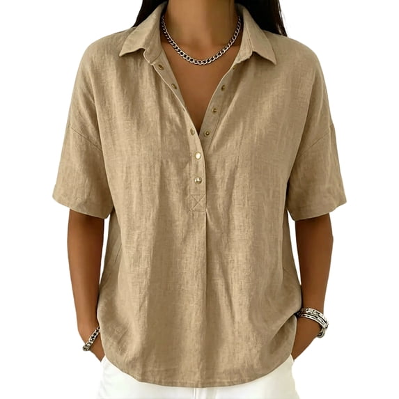 Women Loose Fit Polo Collar Short Sleeve Button Down Shirt Casual Relaxed Blouse Lightweight Summer Top for Daily Wear Khaki 2XL
