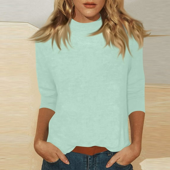 Women Loose Fit Tops 3/4 Sleeve Mid Neck Soft Fabric Basic Tee for Easy Layering and Relaxed Style 2026 Sky Blue 3XL