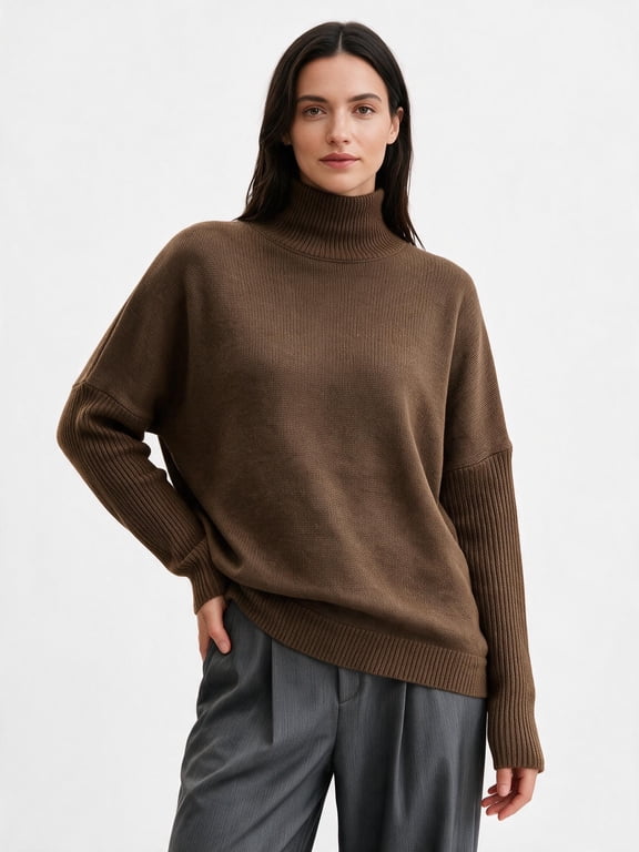 Women Loose Fit Turtleneck Knit Top, Drop Shoulder Casual Pullover Sweater