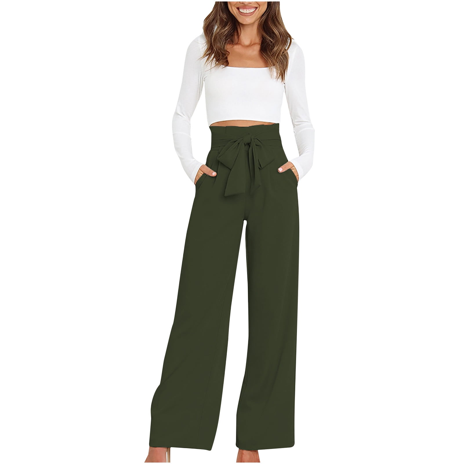 Women Loose Fitting Linen Pants Elastic High Palazzo Trousers for