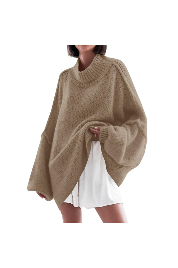 Women Loose Fitting Turtleneck Batwing Sleeve Long Sleeved Knit Casual Belted Sweater