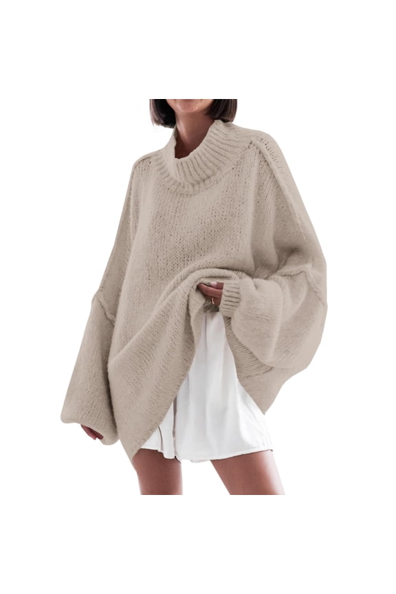Women Loose Fitting Turtleneck Batwing Sleeve Long Sleeved Knit Casual Belted Sweater