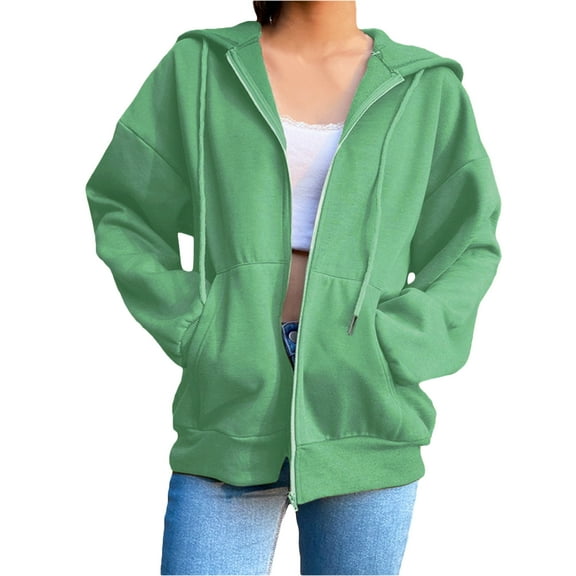 Women Loose Full Zip Up Hoodies, Long Sleeve Solid Color Plush Lined Hooded Sweatshirts Lightweight Casual Jacket Pullover Tops