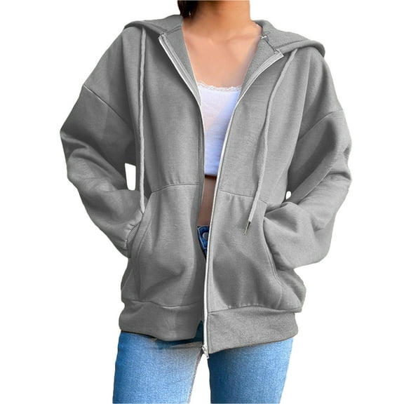 Women Loose Full Zip Up Hoodies, Long Sleeve Solid Color Plush Lined Hooded Sweatshirts Lightweight Casual Jacket Pullover Tops