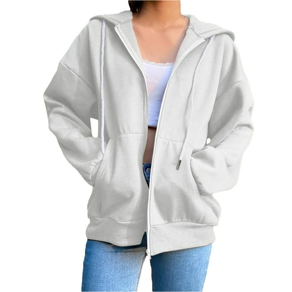 Women Loose Full Zip Up Hoodies, Long Sleeve Solid Color Plush Lined Hooded Sweatshirts Lightweight Casual Jacket Pullover Tops