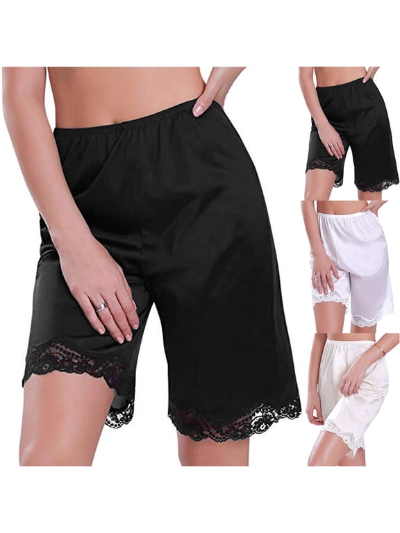 Women Loose Half Slip Shorts Loose Fit Lace Trim Pettipants Culotte Slip Bloomers Split Underwear Shorts Beige 3XL