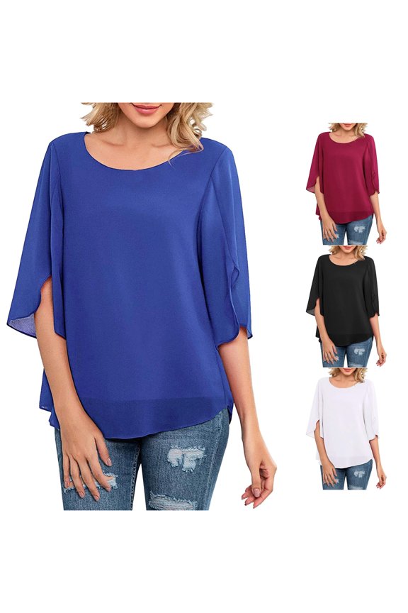Women Loose Half Split Sleeves Double Layer Top Chiffon Crew Neck Shirt Flowy Blouse