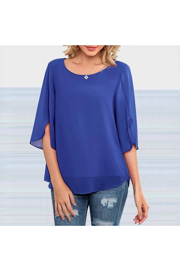 Women Loose Half Split Sleeves Double Layer Top Chiffon Crew Neck Shirt Flowy Blouse