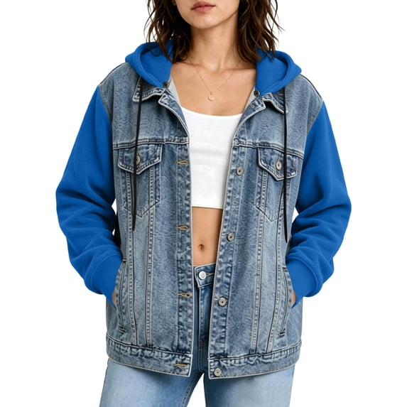 Women Loose Hooded Denim Jacket Detachable Hood Button up Long Sleeve Jean Coat with Pockets, Fashion Casual Outerwear for Fall Winter Blue-jean coat