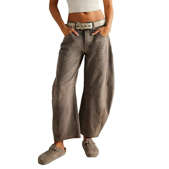 Women Loose Jeans Solid Color Mid-Rise Barrel Denim Pants