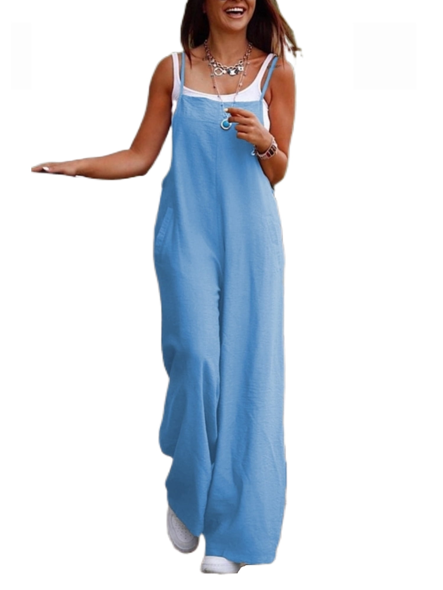 Women Loose Jumpsuits Casual Square Neck Sleeveless Wide Leg Suspender
