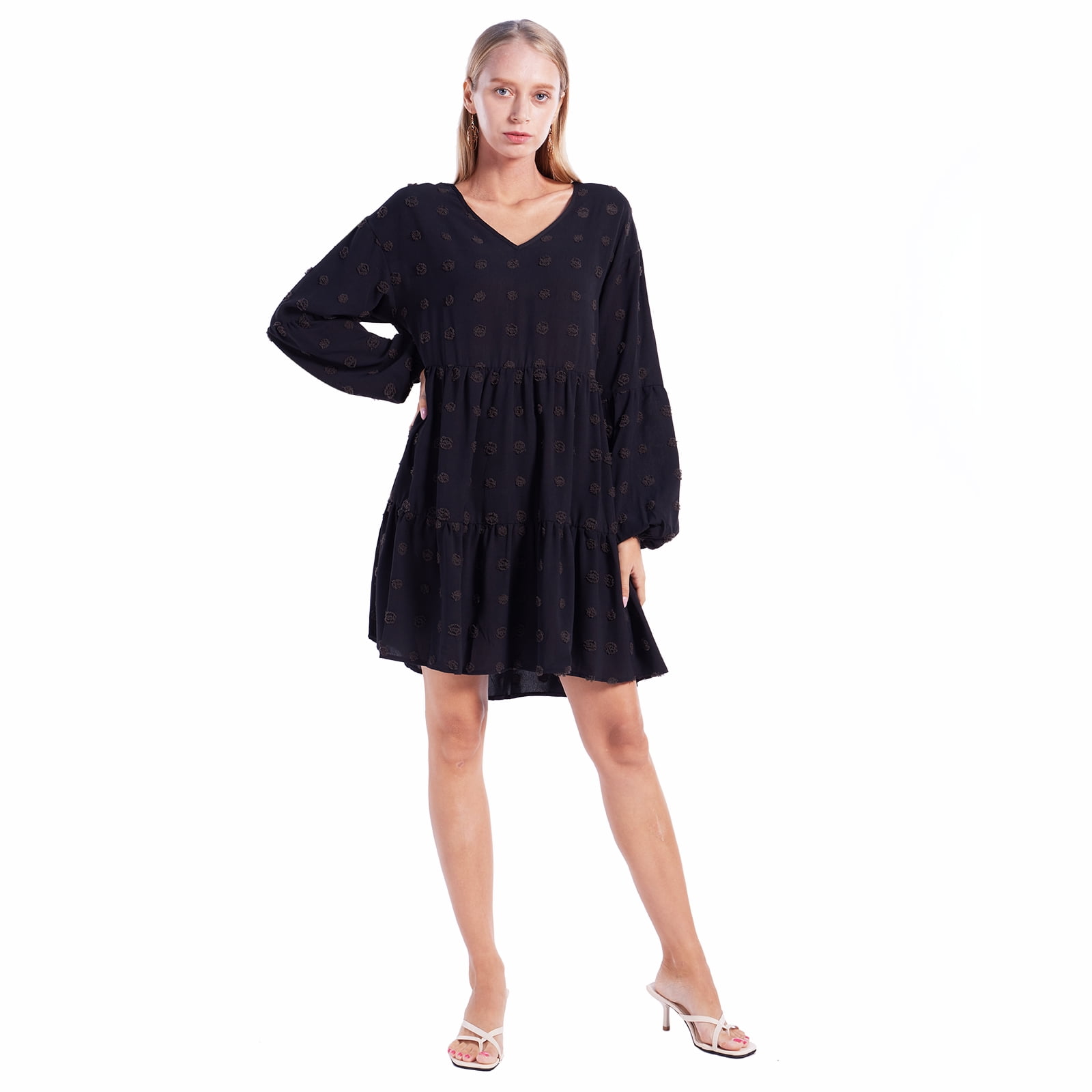 Long Flared Sleeve V Neck Chiffon Zip Up Mini Dress main image 0