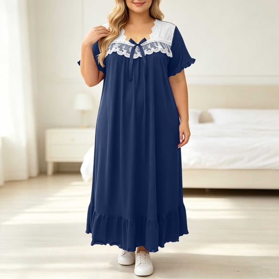Women Loose Nightgown Short Sleeve Lace Bow Ruffle Hem Long Sleep Dress Pajamas Blue XXL