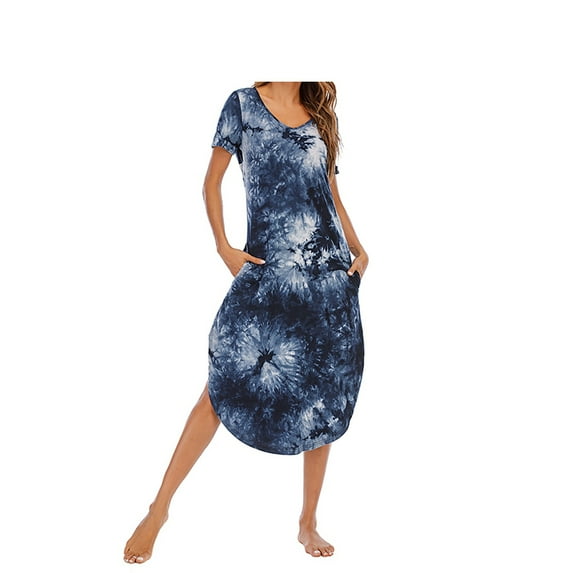 Women Loose Plain Pajamas Dress Casual V-Neck Short Sleeved Nightgown Sleepwear