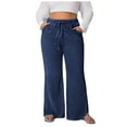 thumbnail image 1 of Women Loose Plus Size Casual Denim Pants High Waisted Drawstring Straight Leg Trousers Jeans with Pockets, 1 of 5